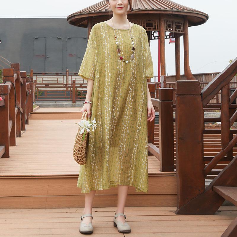 Loose Round Neck Half Sleeve Casual Yellow Dress - Omychic