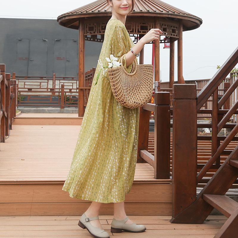 Loose Round Neck Half Sleeve Casual Yellow Dress - Omychic