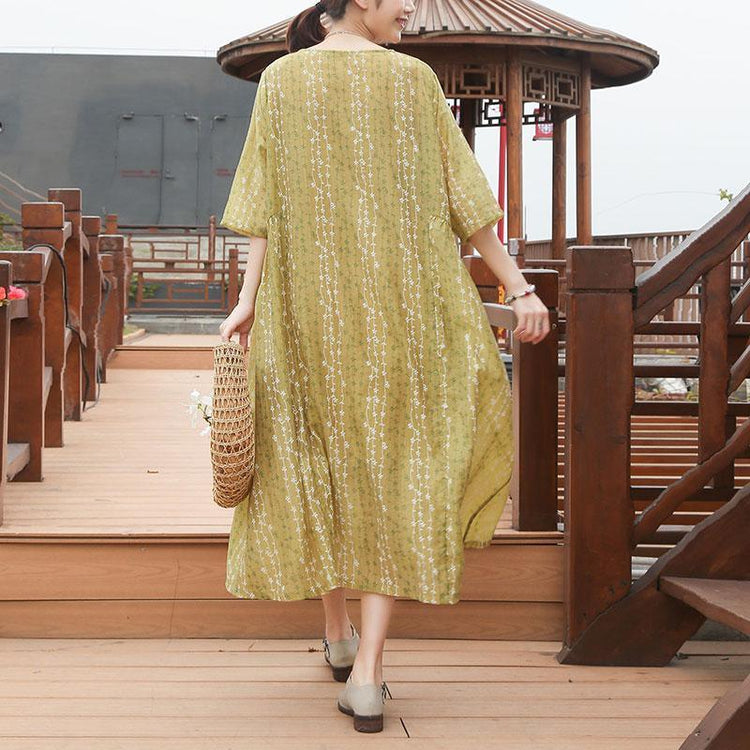 Loose Round Neck Half Sleeve Casual Yellow Dress - Omychic