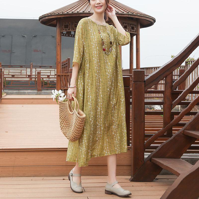 Loose Round Neck Half Sleeve Casual Yellow Dress - Omychic