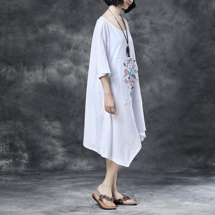 Loose Round Neck Embroidered Irregular Cotton Dress - Omychic