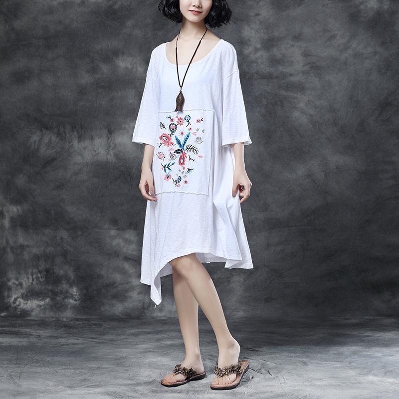 Loose Round Neck Embroidered Irregular Cotton Dress - Omychic