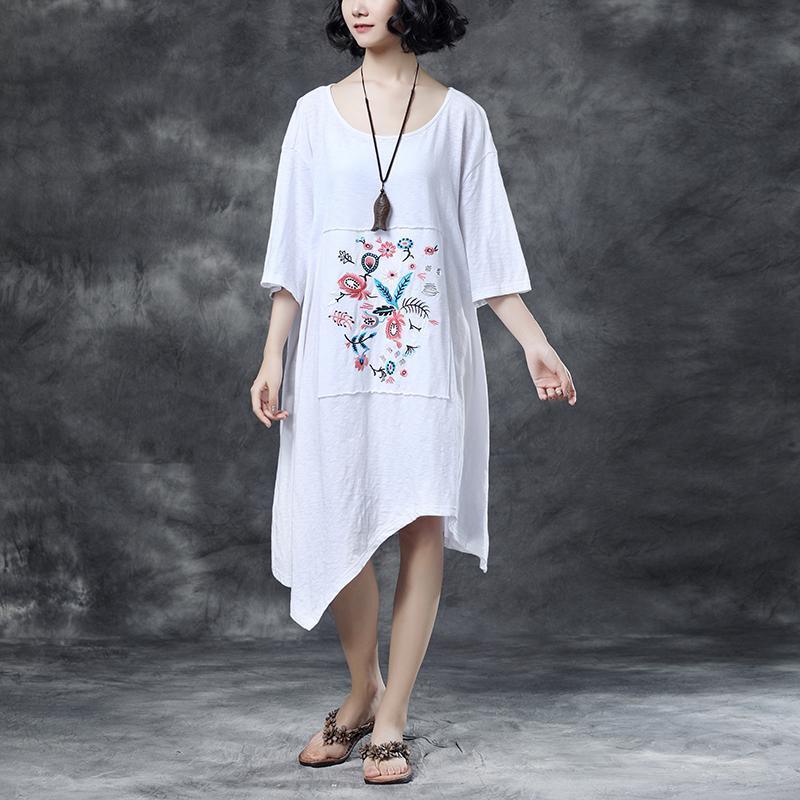 Loose Round Neck Embroidered Irregular Cotton Dress - Omychic