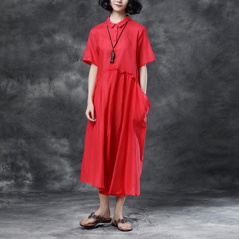 Summer Short Sleeve Polo Neck Red Casual Dress - Omychic