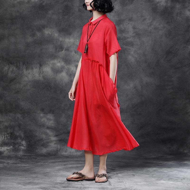 Summer Short Sleeve Polo Neck Red Casual Dress - Omychic