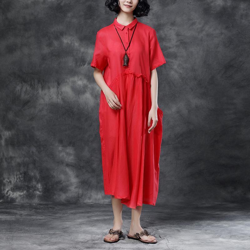 Summer Short Sleeve Polo Neck Red Casual Dress - Omychic