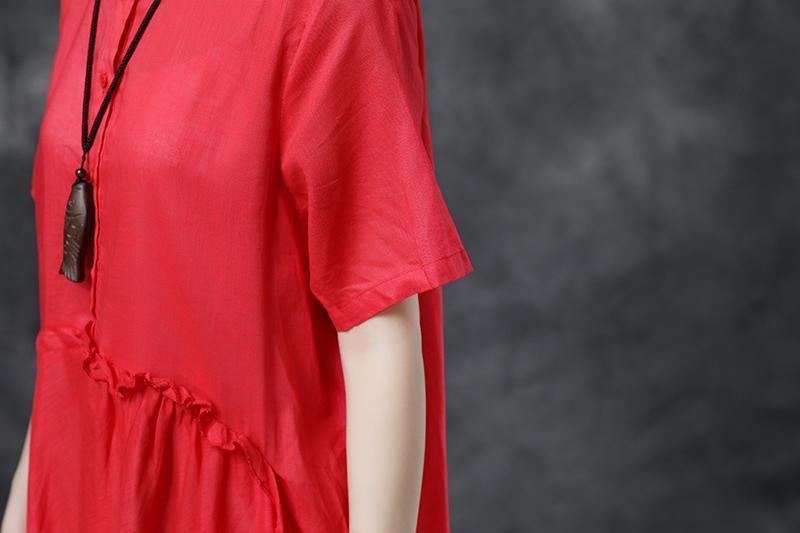 Summer Short Sleeve Polo Neck Red Casual Dress - Omychic