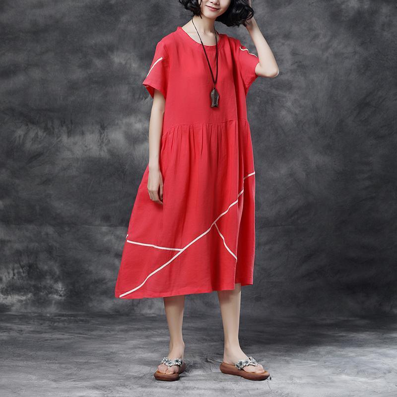 Summer Short Sleeve Pockets Red Casual Cotton Dress - Omychic