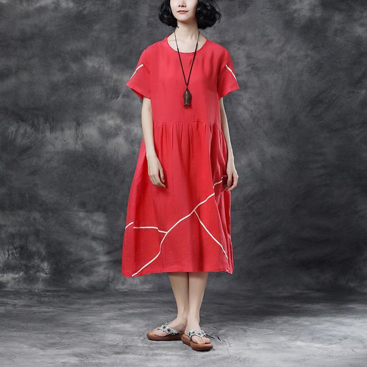 Summer Short Sleeve Pockets Red Casual Cotton Dress - Omychic