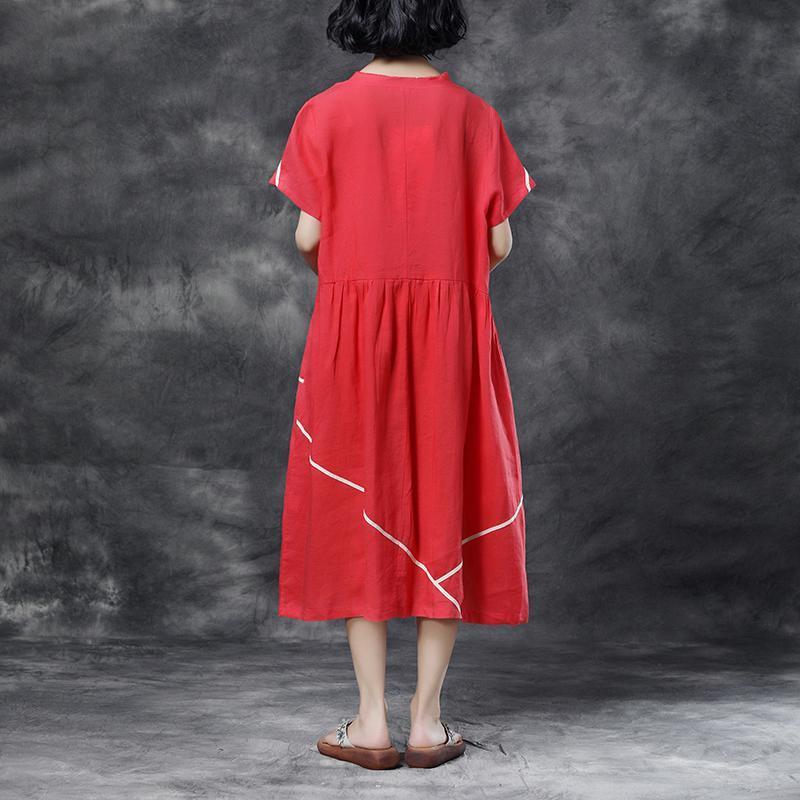 Summer Short Sleeve Pockets Red Casual Cotton Dress - Omychic