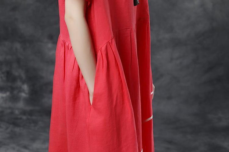 Summer Short Sleeve Pockets Red Casual Cotton Dress - Omychic