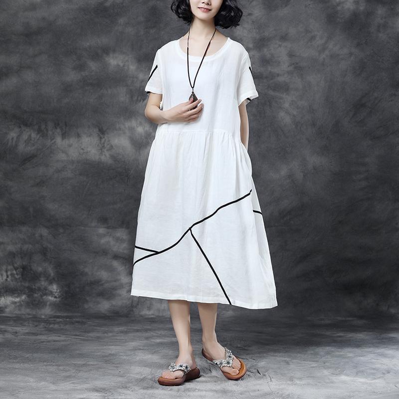 Summer Short Sleeve Pockets White Pockets Casual Cotton Dress - Omychic