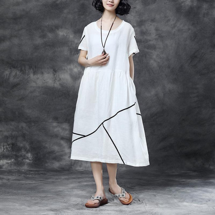 Summer Short Sleeve Pockets White Pockets Casual Cotton Dress - Omychic