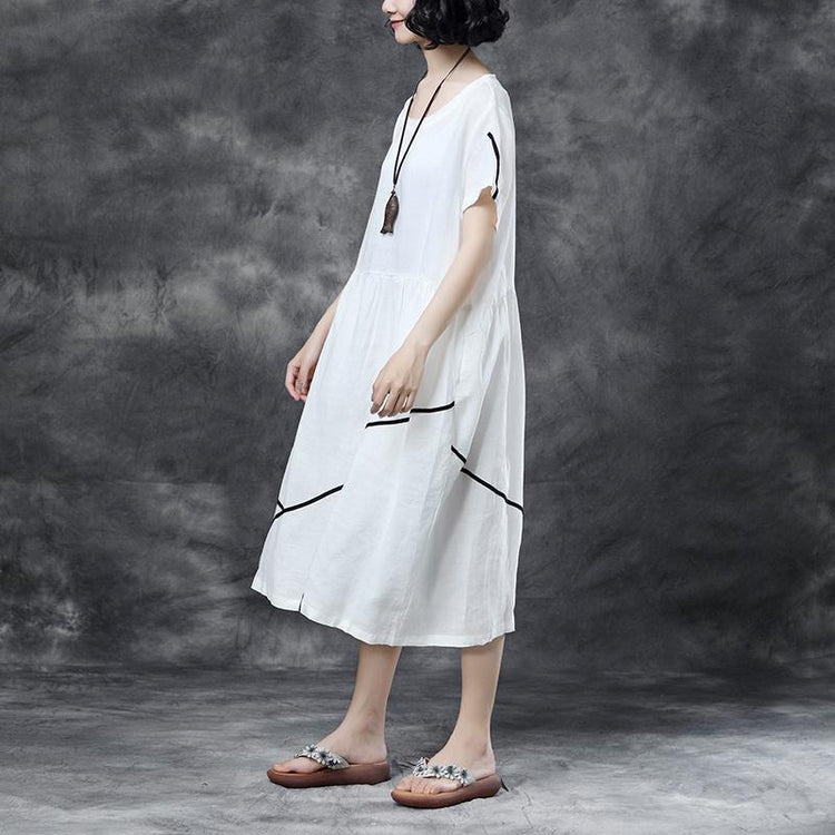 Summer Short Sleeve Pockets White Pockets Casual Cotton Dress - Omychic