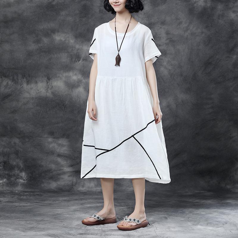 Summer Short Sleeve Pockets White Pockets Casual Cotton Dress - Omychic