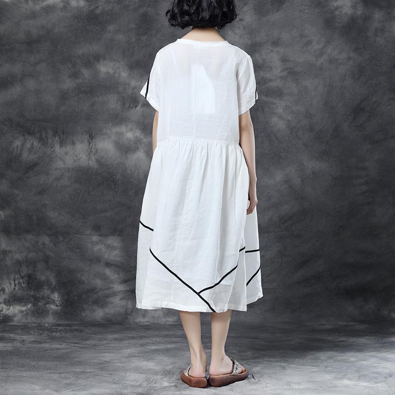 Summer Short Sleeve Pockets White Pockets Casual Cotton Dress - Omychic