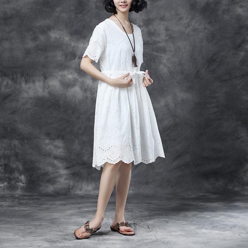 Summer Short Sleeve Lacing Pleated White Casual Dress - Omychic