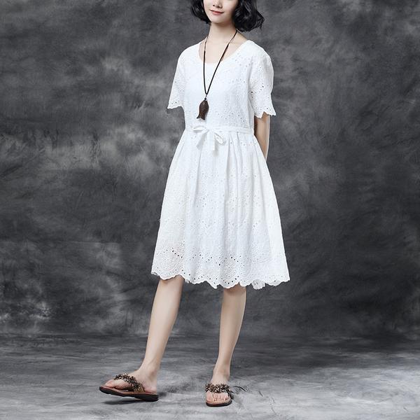 Summer Short Sleeve Lacing Pleated Pink Casual Dress - Omychic