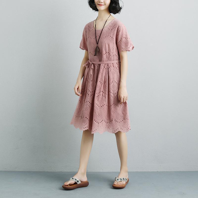 Summer Short Sleeve Lacing Pleated Pink Casual Dress - Omychic