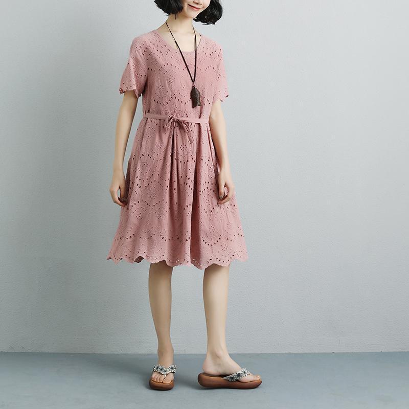 Summer Short Sleeve Lacing Pleated Pink Casual Dress - Omychic