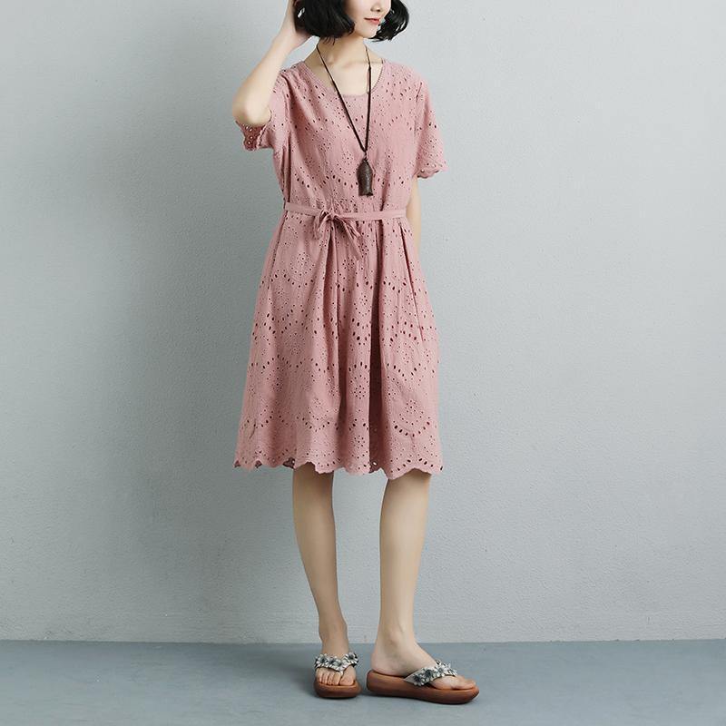 Summer Short Sleeve Lacing Pleated Pink Casual Dress - Omychic