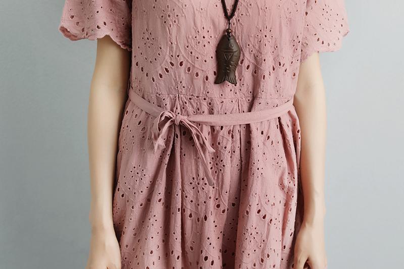 Summer Short Sleeve Lacing Pleated Pink Casual Dress - Omychic