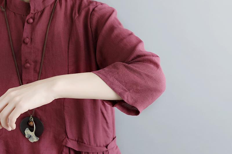Summer Short Sleeve Buttons Pockets Purple Pleated Retro Dress - Omychic