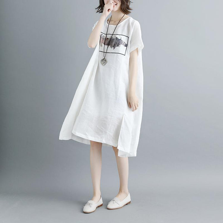 Casual Summer Short Sleeve White Pockets Slit Dress - Omychic