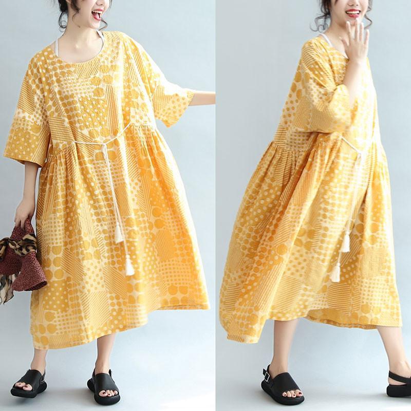 Round Neck Printing Lacing Summer Women Yellow Dress - Omychic