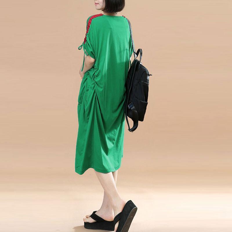 Splicing Women Loose Casual Summer String Folded Cotton Green Dress - Omychic