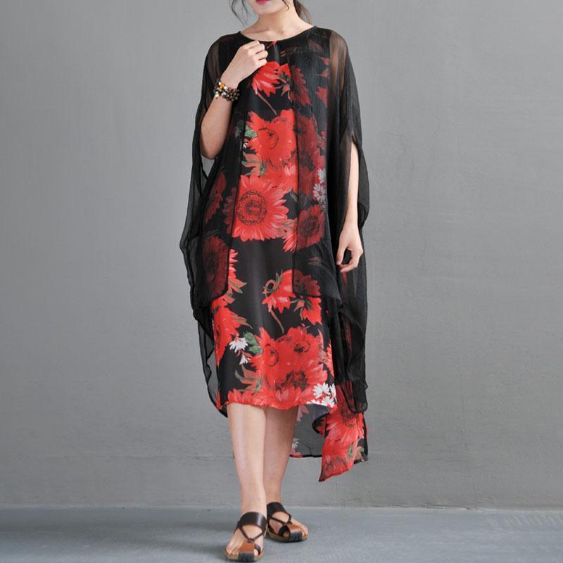 Summer Fake Two Pieces Red Flower Printed Short Sleeve Dress - Omychic