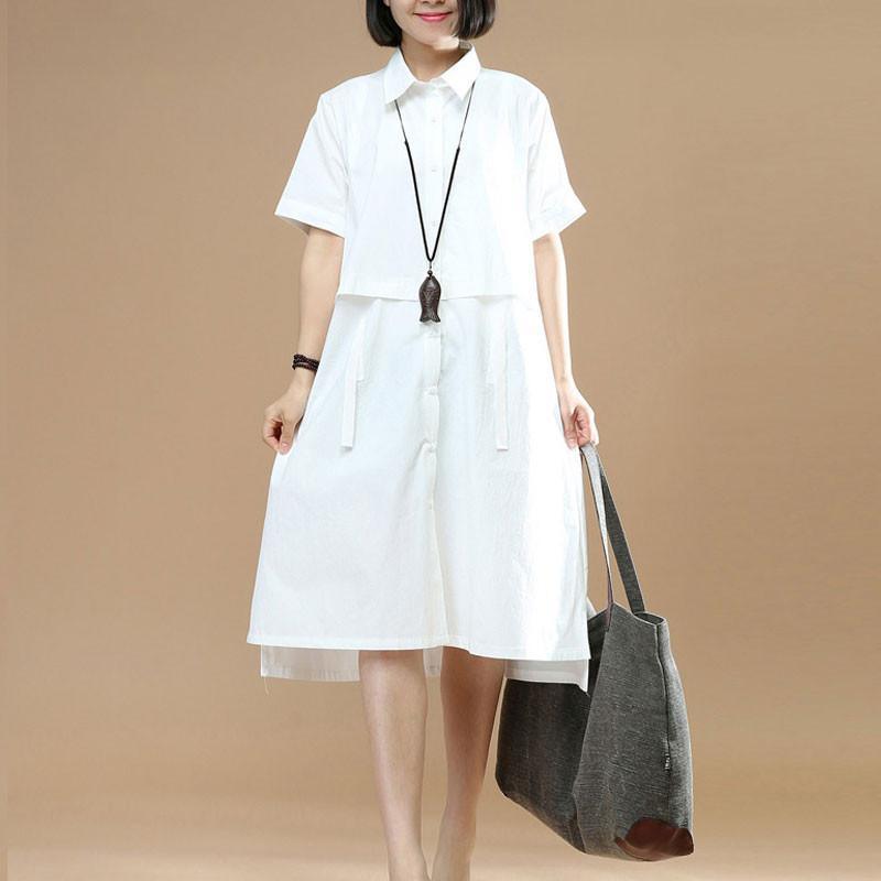 Summer Short Sleeves Women Irregular Lacing White Dress - Omychic