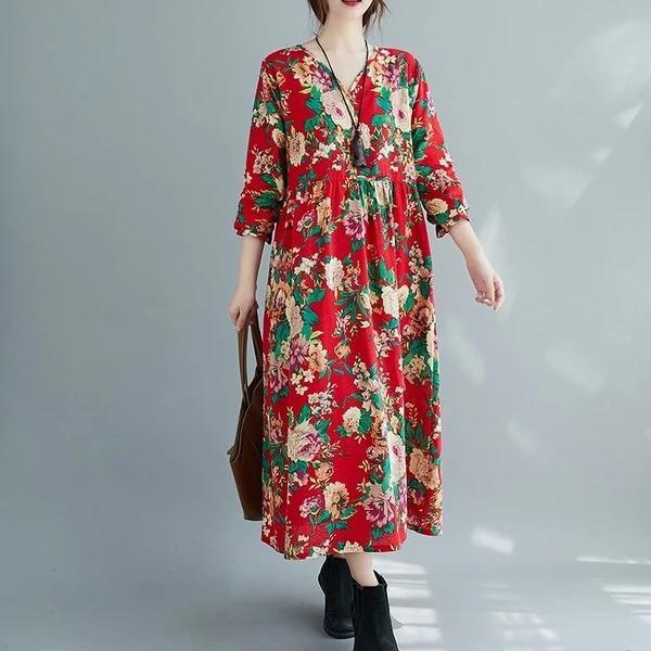 long sleeve plus size cotton linen vintage floral for women casual loose autumn dress - Omychic