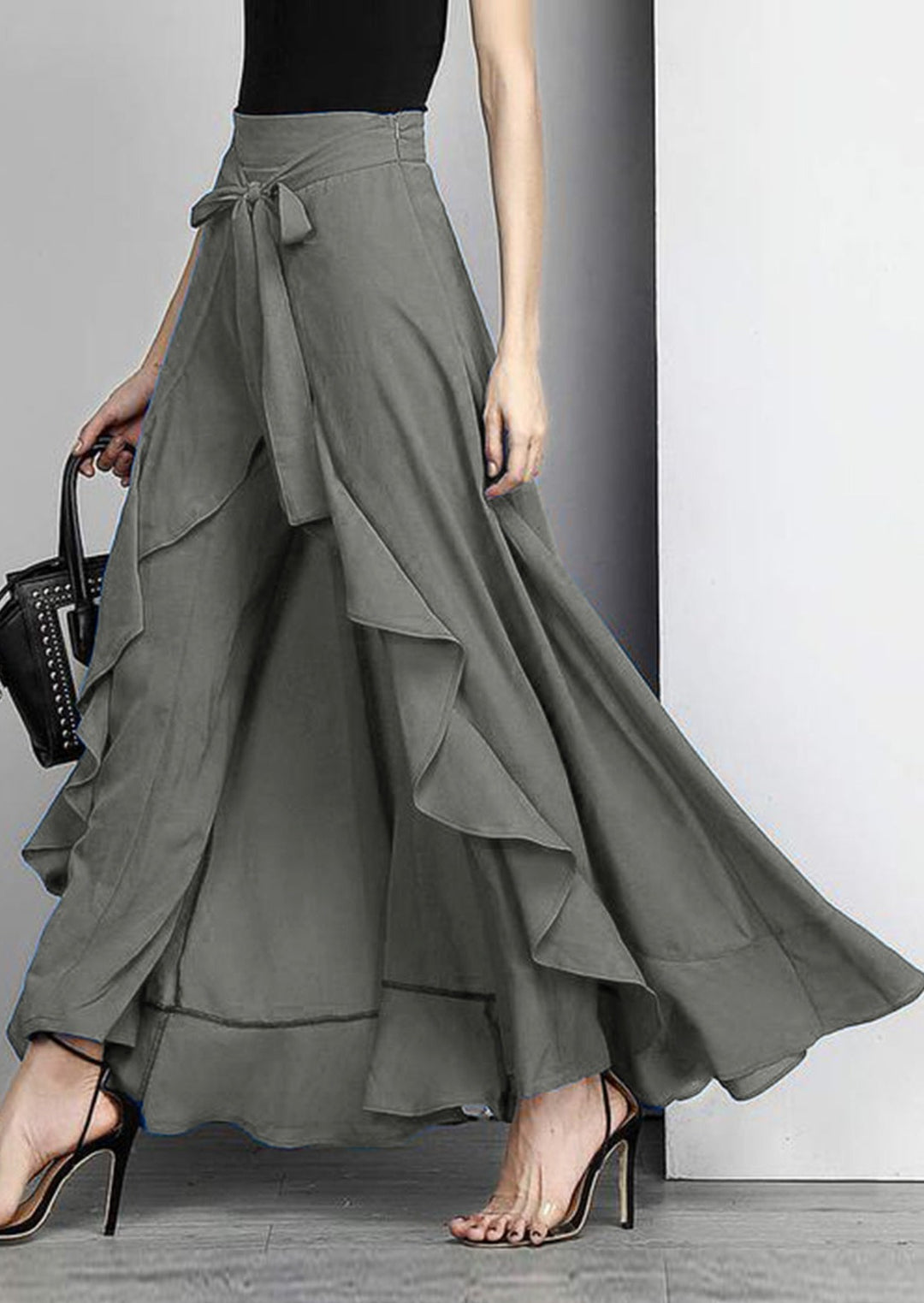 Elegant Grey Waist Spliced Ruffle Hem Straight Leg Skirt