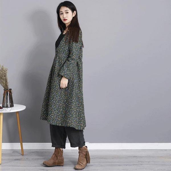 Winter Fashion V-neck Floral Print Cotton Linen Long Coat  Casual Women Outerwear - Omychic