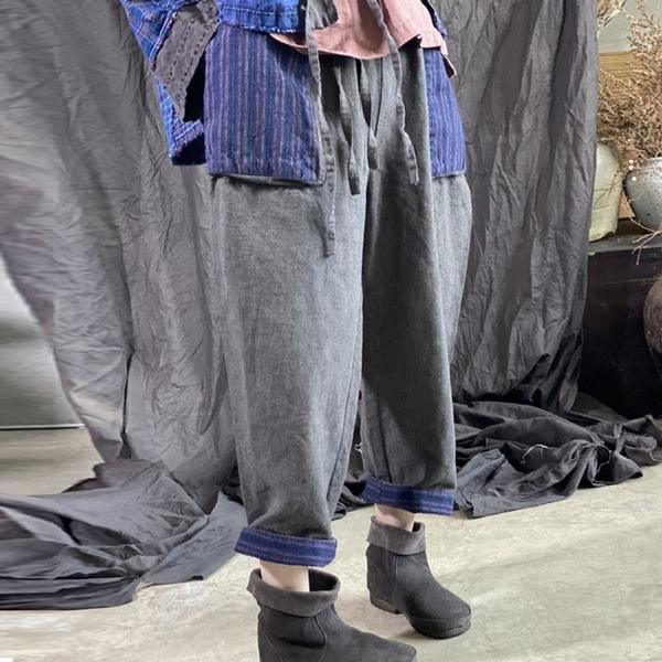 Omychic Autumn Winter Cotton Linen Retro Patchwork Pocket Elastic Waist Harem Pants - Omychic