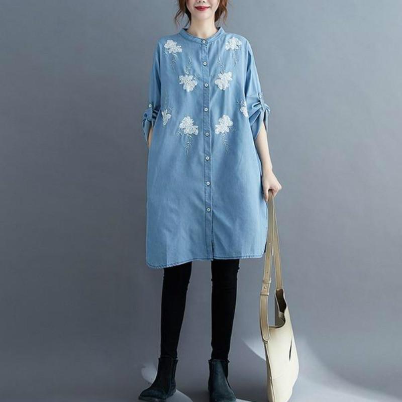 long sleeve plus size denim vintage floral women casual loose mini short autumn shirt dress - Omychic