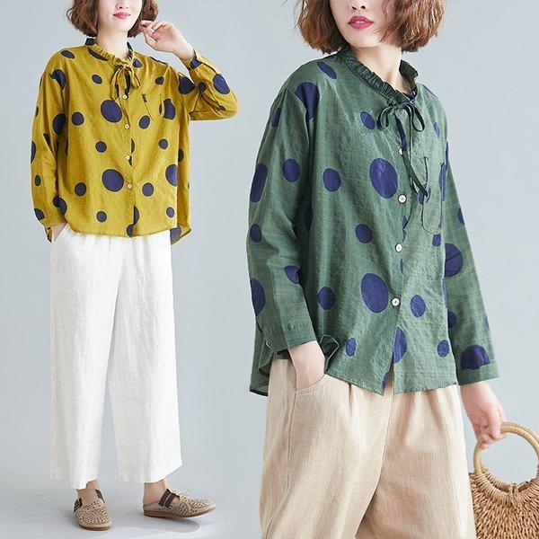 omychic cotton linen plus size vintage dot korean Casual loose spring shirt women blouse 2020 clothes ladies tops streetwear - Omychic