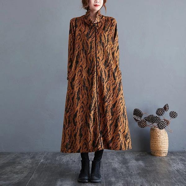 plus size cotton woolen vintage for women casual loose autumn winter dress - Omychic