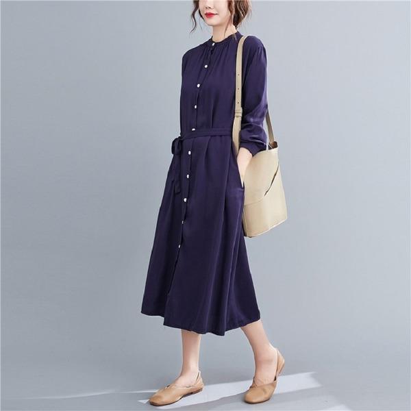 long sleeve cotton linen plus size vintage women casual loose spring autumn shirt dress - Omychic