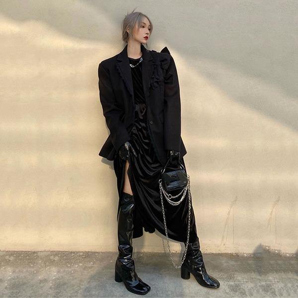 Ruffle Blazer Fashion New Women Small Fresh Full Sleeve 2020 Winter Single Breast Loose Bow Black Blazer Coat - Omychic