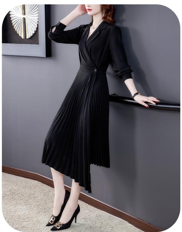 long sleeve plus size black for women casual loose spring autumn Wrap Pleated blazer dress - Omychic