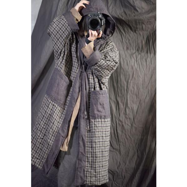 Omychic Linen Plaid Hooded Parkas Long Coat Female Padded Outerwear - Omychic
