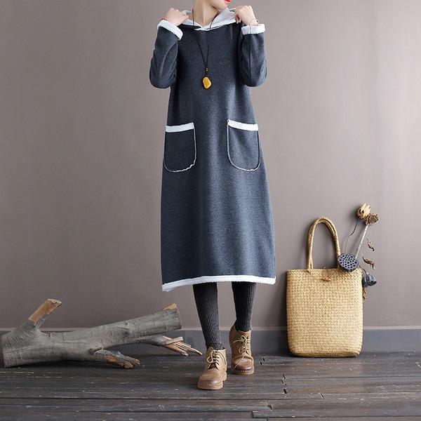 Autumn Winter Fleece Hooded Dress Ladies Vintage Patchwork Loose Dresses - Omychic