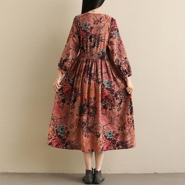 Vintage Style V-neck Print Elastic Waist Elegant A-line Ladies Casual Dress - Omychic