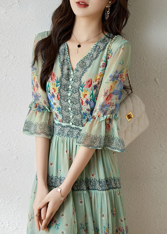 Art Light Green V Neck Ruffled Print Silk Long Dress Flare Sleeve