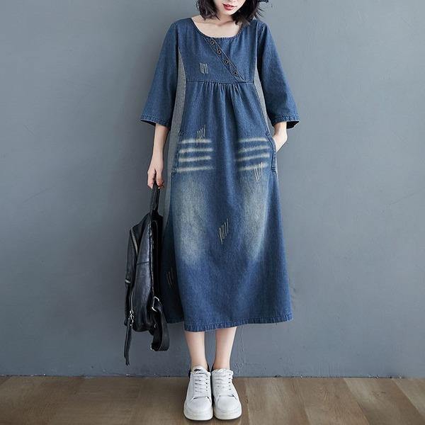 Vintage O-neck Patchwork Jeans Loose Female A-line Long Dress - Omychic