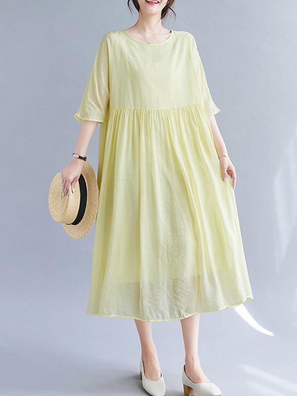 Pleated See-Through Solid Color Split-Joint  Midi Dress