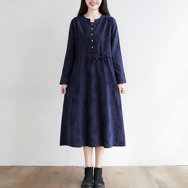 Women Cotton Linen Long  Vintage Solid Color Loose Ladies Casual A-line Dresses - Omychic