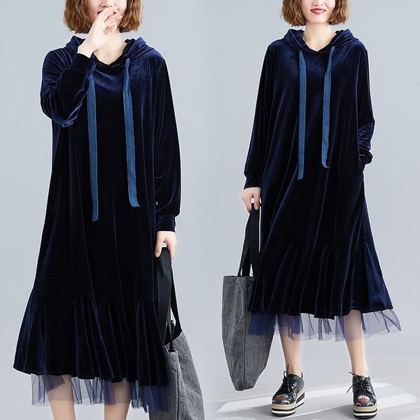 long sleeve plus size velvet vintage hoodie women casual loose autumn winter elegant dress women clothes - Omychic